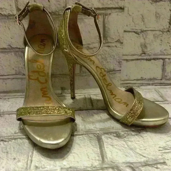 Women’s Sam Edelman Eleanor Gold Sparkle Stiletto Heels with Ankle Straps 8.5 - Picture 1 of 6
